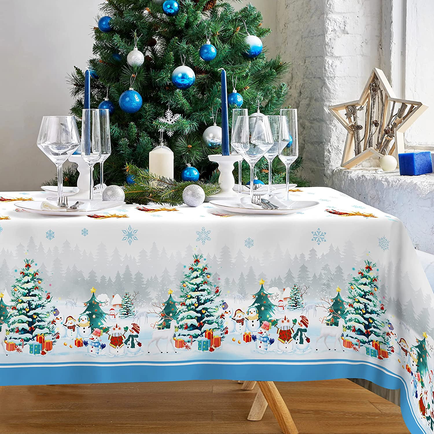 Christmas Table Cloth Rectangle 60" x 84" (6-8 Seats)- Washable Fabric Snowman/Santa/Snowflake Print Winter Tablecloth for Kitchen Dinning, Holiday Dinner - Walmart.com